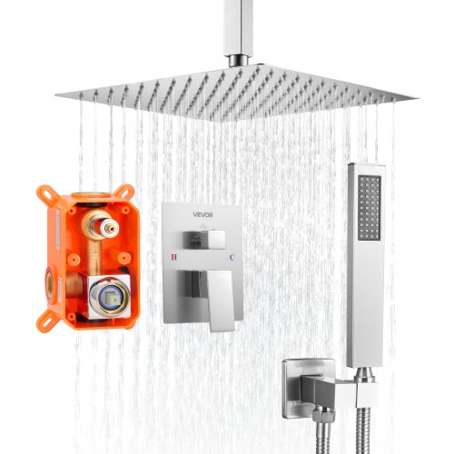 

VEVOR Ensemble de Robinetterie de Douche Encastrable, Système de Douche de Pluie avec Pommeau de Tête Carré de 30,5 cm, Douchette à Main et Kit de Garniture, Montage au Plafond, Nickel Brossé