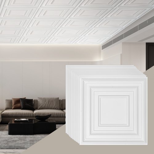 

VEVOR Dalles de Plafond Lot de 12 PVC 605 mm x 605 mm Installation Facile Blanc