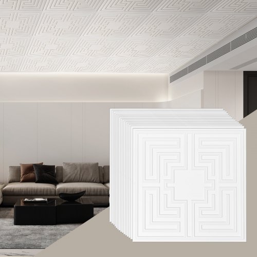 

VEVOR Dalles de Plafond Lot de 12 PVC 605 mm x 605 mm Déco Motif Echo Blanc