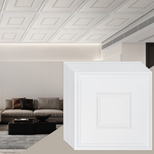 

VEVOR Dalles de Plafond Lot de 12 PVC 605 mm x 605 mm Motif Géométrique Blanc