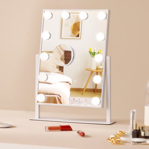 

VEVOR Miroir de Maquillage Hollywood Lumineux 12 Ampoules LED Intensité Variable 3 Modes Éclairage de Couleur avec Miroir Grossissant 5X Amovible Contrôle Tactile Intelligent Rotation 360°, 41x30 cm