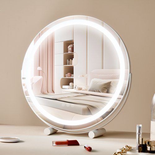 

VEVOR Miroir de Maquillage Lumineux, 513 mm, 3 Modes d'Éclairage de Couleur, avec Lumière LED, Miroir de Grossissement 5X, Contrôle Tactile Intelligent, Rotation à 360°, pour Table de Chambre, Blanc