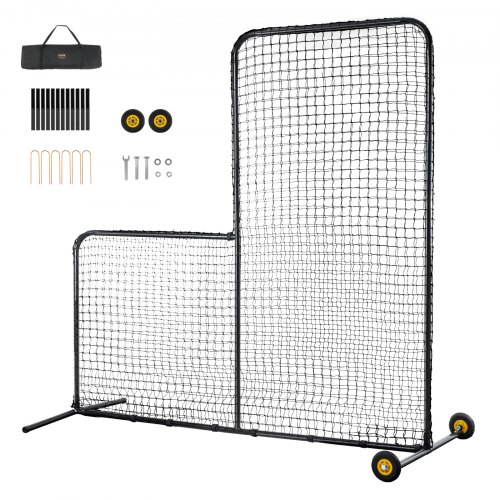 

VEVOR Écran Protecteur de Baseball en Forme de L, Filet de Protection de Softball 213x213 cm, Portable avec Sac de Transport, Roues, Piquets de Sol, Équipement pour Cage de Frappeurs Lanceurs