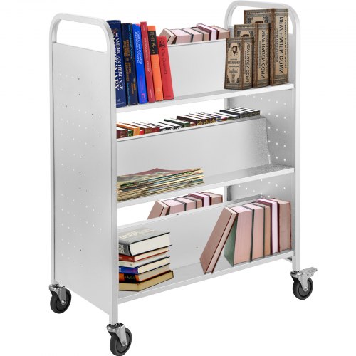 

VEVOR Chariot de bibliothèque Chariot de bibliothèque 200 lb Étagères inclinées double face en forme de W Blanc