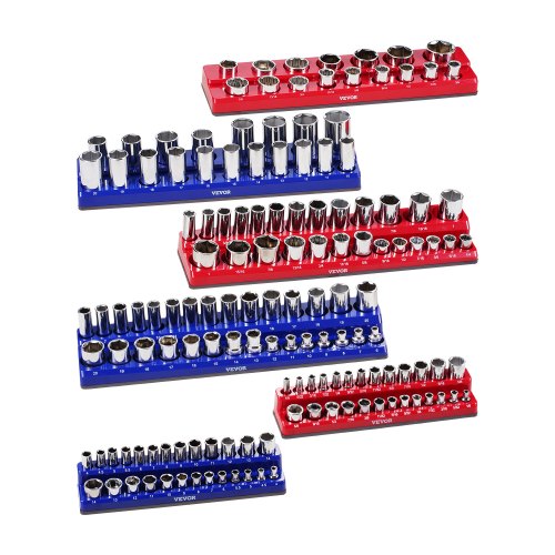 

VEVOR Kit Organisateurs Douilles Magnétiques, 6 Plateaux de Douilles Métriques SAE 1/4'', 3/8'', 1/2'', Étiquettes Transparentes, Capacité 143 Douilles Standard Profondes Non Incluses, Bleu & Rouge