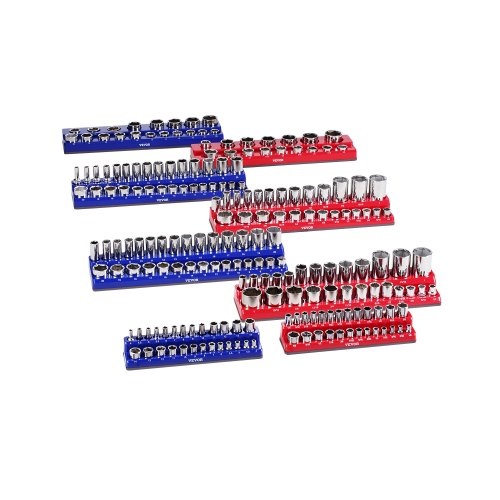

VEVOR Kit Organisateurs Douilles Magnétiques, 8 Plateaux de Douilles Métriques SAE 1/4'', 3/8'', 1/2'', Étiquettes Transparentes, Capacité 199 Douilles Standard Profondes Non Incluses, Bleu & Rouge
