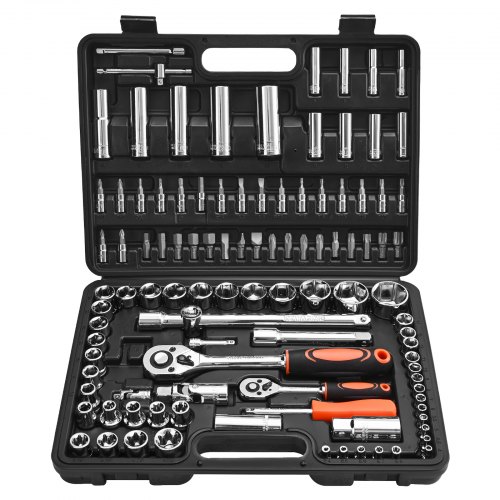 

VEVOR Jeu de Douilles Métriques 4-32 mm, Kit d'Outils de Mécanicien 108PCs, avec Clé à Cliquet à Entraînement de 6,4 mm et 12,7 mm, Embouts, Accessoires, Étui, Acier Allié CR-V, pour Réparation