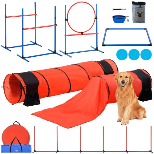 

VEVOR Kit Équipements d'Entraînement Agilité pour Chien, Ensemble 7PCS, Parcours Obstacles pour Chiot, avec Haies Hautes Réglables, 6 Poteaux, 2 Tunnels, Anneau de Saut, Boîte Pause, Sifflet, Bol