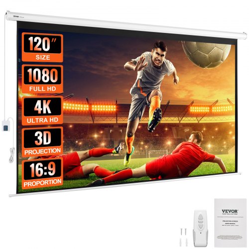 VEVOR Écran de Projection Motorisé 120 pouces 16:9 HD 4K 1080 Toile de Projection Anti-Plis avec Télécommande Grand Angle de Vision Montage Mural Direct pour Vidéoprojecteurs Cinéma Maison Intérieur