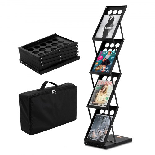 

VEVOR Présentoir à Brochures Pliable, Porte-Brochures sur Pied 4 Niveaux, Porte-Revues Magazines Journaux Léger et Portable avec Sac de Transport, pour Magasin Bureau Salon Foire Exposition, 4 Poches