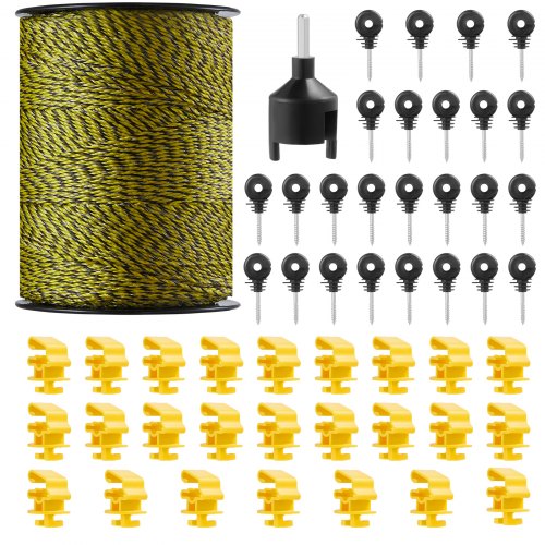 

VEVOR Fil de Clôture Électrique, 500 m, Corde en Fibre PEHD Tissée et 6 Brins de Fil Acier Inox, Diamètre 3 mm, avec 25 Isolateurs de Clôture, 25 Isolateurs de Poteau T, pour Chevaux, Bovins, Bétail