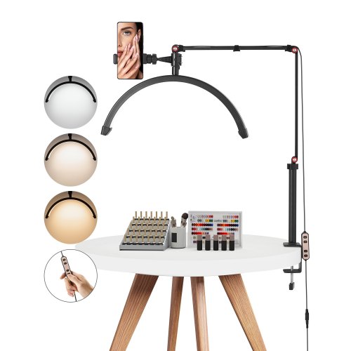 

VEVOR Lampe d’Esthéticienne Demi-lune de Table, Lampe LED Arc pour Manucure Extension de Cils 20 W, Luminosité et Température de Couleur Réglables, avec Support de Téléphone, pour Beauté, Sourcils