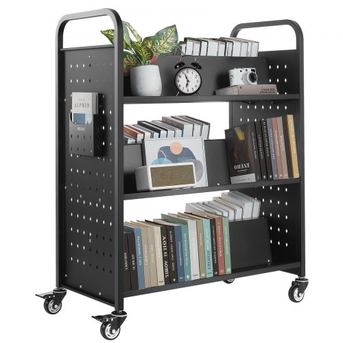 

VEVOR Chariot à Livres, Capacité de Charge 150 kg, Chariot de Bibliothèque, 97x51,5x122,5 cm, Étagère de Rangement Livres Double Face en W avec Roulettes Double Frein, pour Salon, Bureau, École, Noir
