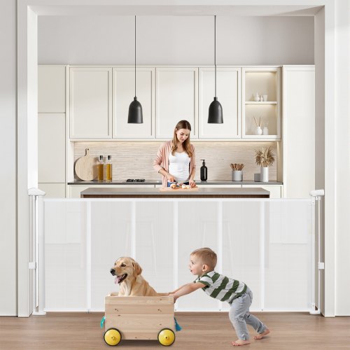 

VEVOR Barrière de Sécurité Extensible Jusqu’à 180 cm Hauteur 87 cm, Barrière Rétractable pour Animaux de Compagnie, Clôtures en Mailles, pour Chiens Couloir Escalier Porte Salle de Jeux, Blanc