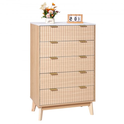 

VEVOR Commode à 5 tiroirs cannelés en bois avec système coulissant bois clair