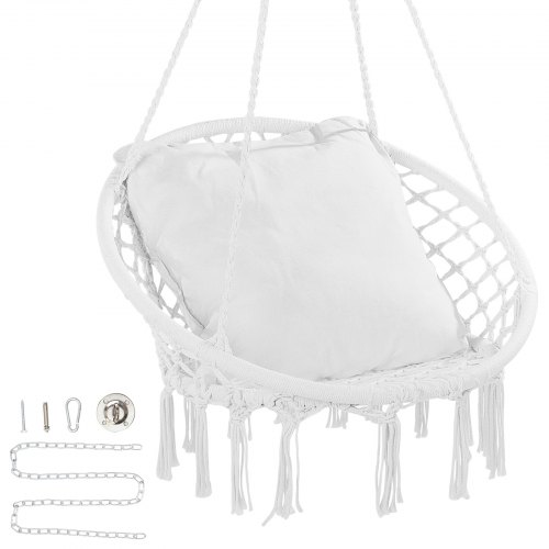 

VEVOR Fauteuil suspendu, 150 kg, chaise suspendue pivotante macramé, coussin, matériel de montage, corde en coton, chaise relax à franges, pour chambre, terrasse, jardin, intérieur, extérieur, blanc