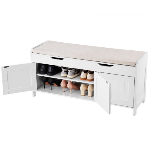 

VEVOR Banc à chaussures 105x35x50,3 cm, banc entrée avec 3 armoires, étagère réglable en hauteur, rangement à plateau relevable, coussin assise,113,4 kg, pour chambre à coucher, couloir, blanc et gris