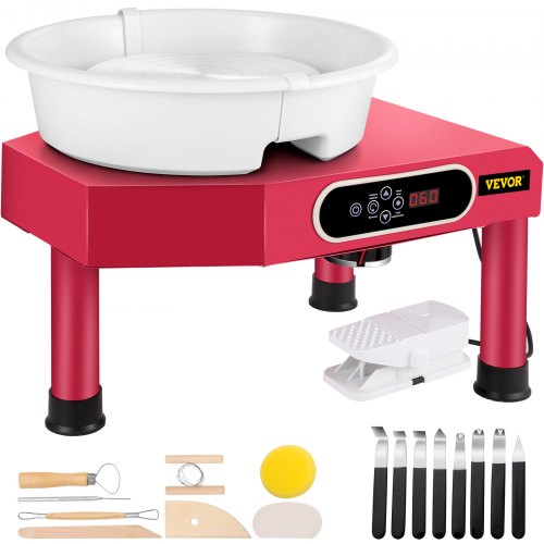 VEVOR Roue de Poterie Électrique Tour de Potier 350W 25cm Tour de Poterie Écran Tactile LCD Machine à Poterie Manuel Pédale et Bassin Amovible avec 16 Pièces de Couteau en Argile Certifié CE