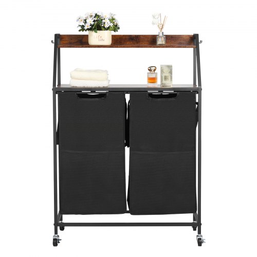 

VEVOR Trieur de Linge 2 Niveaux, Panier à Linge sur Roulettes 2 Compartiments, avec Cadre en Métal, Plateau en Bois, Étagère et Sacs en Tissu Oxford 600D, pour Vêtements Sales, Buanderie Blanchisserie