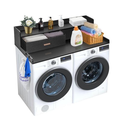 

VEVOR Comptoir pour lave-linge et sèche-linge à 2 tiroirs avec étagère à 2 niveaux, surface de comptoir en bois, avec coussinets antidérapants, pour organisation et rangement de la buanderie, noir