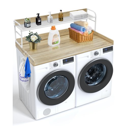 

VEVOR Comptoir pour lave-linge et sèche-linge, 137x70 cm, étagère à 2 niveaux, surface de comptoir en bois avec coussinets antidérapants, pour organisation et rangement de la buanderie, couleur chêne
