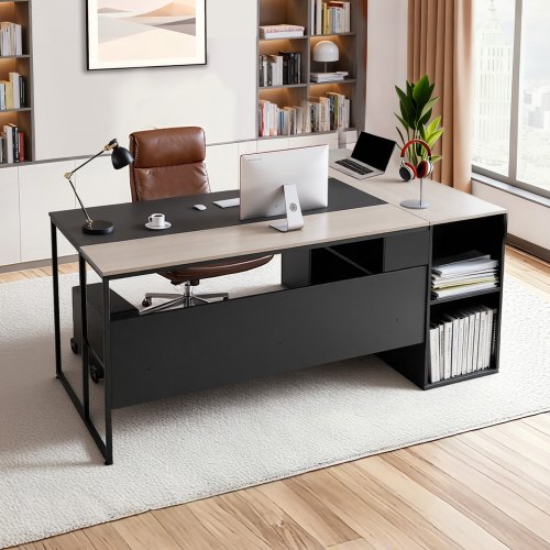 

VEVOR Bureau de direction en L, charge de 158,7 kg, bureau d'ordinateur moderne avec support CPU, grande table d'étude en bois robuste avec tiroirs et armoire de rangement, pour travail et écriture
