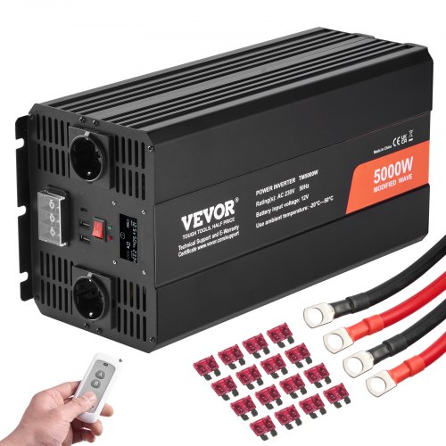 

VEVOR Onduleur à onde sinusoïdale modifiée, 5000 W, onduleur CC 12 V à CA 230 V avec 2 prises CA, 2 ports USB, 1 port Type-C, écran LCD et une télécommande pour appareils ménagers à charge élevée
