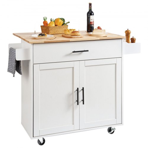 

VEVOR Îlot Central 90x39 cm Desserte de Cuisine à Roulettes 1 Armoire 1 Tiroir Meuble de Cuisine avec Plan de Travail en Bois Abattant 90x29 cm Porte-Épices Porte-Serviettes pour Rangement Bar Cuisine