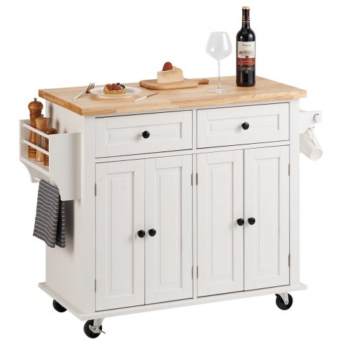 

VEVOR Îlot Central 90x45 cm Desserte de Cuisine à Roulettes 2 Armoires 2 Tiroirs Meuble de Cuisine avec Plan de Travail en Bois Massif Porte-Épices Porte-Serviettes Buffet de Rangement Bar Cuisine