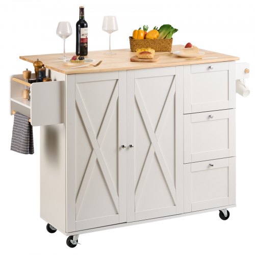 

VEVOR Îlot Central 115x39 cm Desserte de Cuisine à Roulettes 1 Armoire 3 Tiroirs Meuble de Cuisine avec Plan de Travail en Bois Abattant 115x29 cm Porte-Épices Porte-Serviettes Rangement Bar Cuisine
