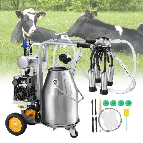 

VEVOR Machine à traire électrique pour vaches, seau inox 304 25 L, trayeuse sous vide à pulsation auto, trayeuse portable avec gobelets et tubes en silicone de qualité alimentaire, pression réglable