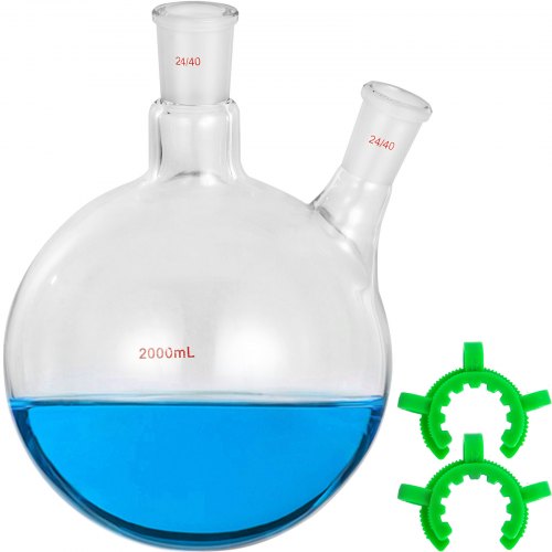 VEVOR Ballon Fond Rond à 2 Cols, Ballon de Laboratoire 2 L, Ballon Laboratoire en Verre Borosilicaté, Flacon À Fond Rond Chauffage Uniforme, Ballon de Distillation Fond Rond 2 Pinces Chimie Réaction