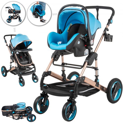 VEVOR Poussette 2 en 1 Haute Qualité Pliable Portable Léger Coussin Réglable pour Nouveau-né Chariot avec Nacelle Berceau Bleu Poussette Naissance Poussette Landeau Bebe Naissance