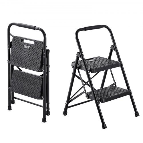 

VEVOR Escabeau Pliant 2 Marches Marchepied Pliable Charge 272 kg Échelle Domestique en Acier pour Cuisine, Bureau, Travaux Ménagers, avec Large Marche Antidérapante, Poignée, Léger et Portable, Noir