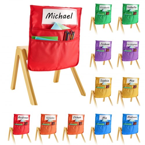 

VEVOR Pochette de Chaise, Lot de 12, Poche Rangement Dossier Chaise, 43x48 cm, Pochettes Organiseur de Dossier Chaises avec Étiquette Nominative, pour Salle de Classe, Maternelle, École, 6 Couleurs