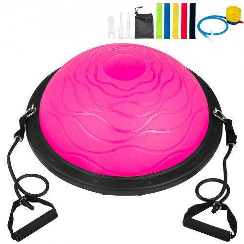 VEVOR Ballon d'Équilibre PVC 500kg Demi-Ballon Yoga 58cm Planche d'Équilibre Après Gonflage 23cm Bandes de Résistance Pompe à Pied Fitness Entrainement Exercices Cardio Tout Le Corps (Rose)