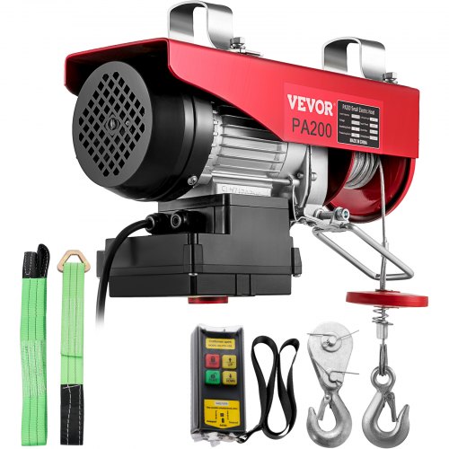 VEVOR Câble 100 kg/200 kg 480 W Télécommande sans Fil, 12 m/min Treuil-Palan Électrique à Distance pour Atelier Garage Entrepôt Levage Charge Lourd, Rouge et Noir