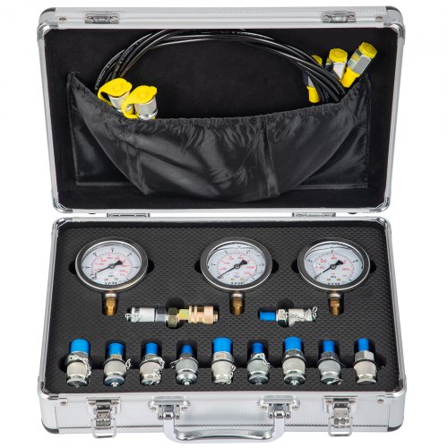 VEVOR Kit de Test de Manomètre Hydraulique, Tuyau d'Essai pour Machines D'Excavatrice 8600 PSI, Testeur de Pression Hydraulique en Acier Inoxydable avec Différents Couplages Tests et Un Cas Portable