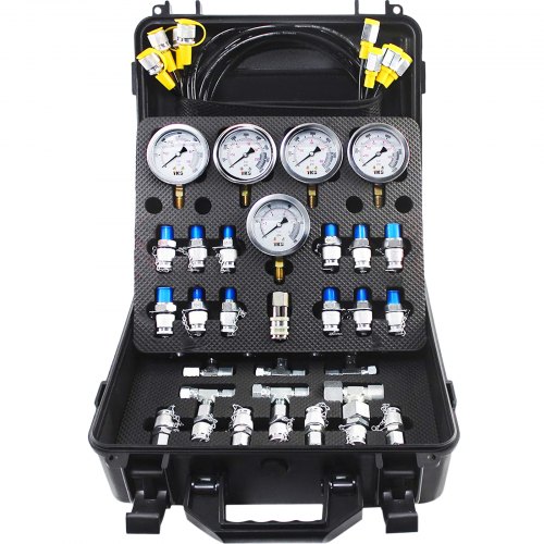 VEVOR Kit de Test de Pression Hydraulique 10/100/250/400/600 bar 5 Manomètres 13 Raccords Essai 14 Connecteurs T 5 Tuyaux Test Kit Jauge Hydraulique Mallette pour Machines Construction Excavatrice
