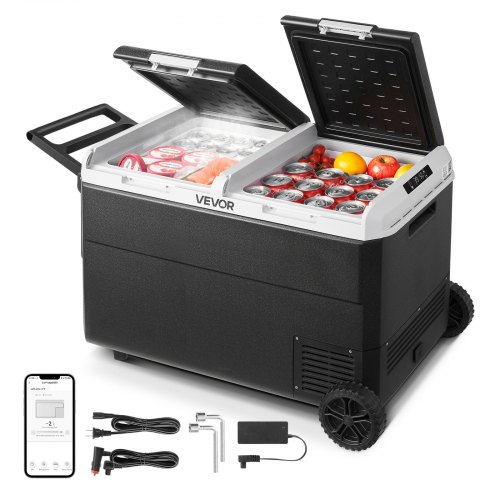 

VEVOR Glacière Électrique Voiture et Maison, Réfrigérateur Portable 95 L 12/24 V CC et 100-240 V CA, pour Camping Voyage Plage Pêche, Mini Frigo à Double Zone, Réglable -20 °C à 20 °C, avec Roulettes