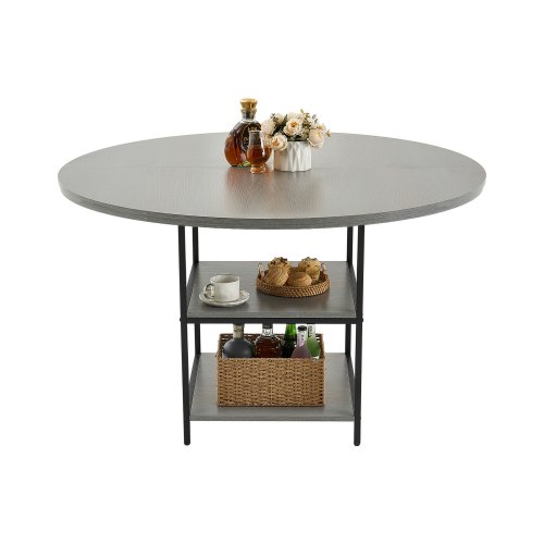 

VEVOR Table à manger ronde, 120 cm, table de salle à manger en bois pour 2 à 4 personnes, mobilier circulaire moderne durable avec étagère de rangement et pieds métal, pour cuisine, salon, gris