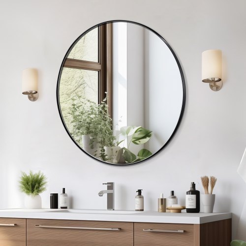 

VEVOR Miroir Mural Rond 76,2x2,5 cm, Miroir de Maquillage avec Contours en Alliage d'Aluminium et Film Antidéflagrant, Résistant aux Rayures avec Support en Forme de Z, Salle de Bain Chambre Salon