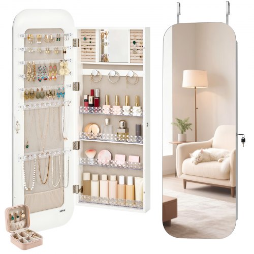 

VEVOR Armoire à bijoux avec miroir pleine longueur, organiseur de bijoux, montage mural/sur porte, hauteur 1080 mm, avec rangement, porte verrouillable avec 2 clés et organiseur de voyage, blanc