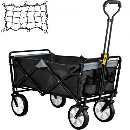 VEVOR Chariot de Jardin Pliable 4 Roues Capacité de Charge 80 kg Poignée Réglable Cadre Acier Enduit Poudre Tissu 600D Oxford PE Rangement pour Jouets Outils Jardin Pique-Nique Noir Gris 92x53x77 cm