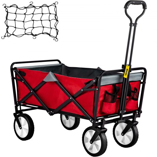 VEVOR Chariot de Jardin Pliable 4 Roues Capacité de Charge 80 kg Poignée Réglable Cadre Acier Enduit Poudre Tissu 600D Oxford PE Rangement pour Jouets Outils Jardin Pique-Nique Rouge Gris 92x53x77 cm