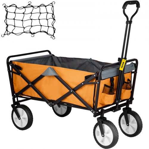 VEVOR Chariot de Jardin Pliable 4 Roues Capacité de Charge 80 kg Poignée Réglable Cadre Acier Enduit Poudre Tissu 600D Oxford PE Rangement pour Jouets Outils Jardin Pique-Nique Orange Gris 92x53x77 cm