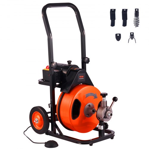 

VEVOR Déboucheur Canalisation Électrique 30 m x 9,5 mm Furet Électrique Alimentation Auto Machine Débouchage sur Roues pour Canalisations Tuyaux 50-100 mm, avec 4 Têtes de Coupe, Interrupteur au Pied