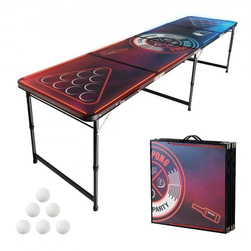 

VEVOR Table de Beer Pong 240 cm Table de Jeu à Boire avec Éclairage LED, Pour Bière-pong Fête Partie Camping Pique-nique Avant-matchs Jardin, Pliante, Hauteur Réglable, Avec Poignées et 6 Balles