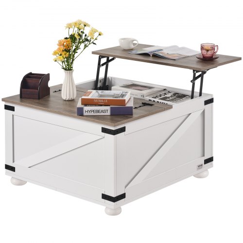 

VEVOR Table basse de salon carrée plateau relevable rangement 800 mm gris blanc