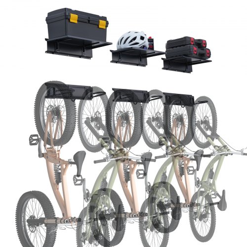 

VEVOR Support de rangement pour vélo, 1219,2 mm, 6 porte-vélos et 3 crochets pour casques, organisateur maison et garage, charge 136 kg, support mural avec 3 étagères pour différentes tailles de vélo